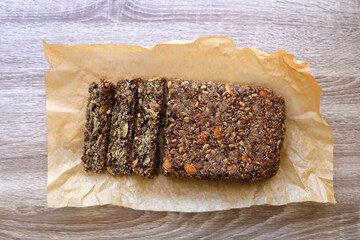 Vegan and gluten free bread made with seeds and coconut flour. Top view.