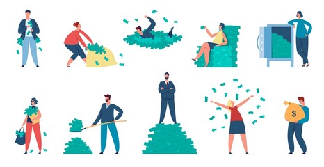 Rich people, millionaire characters with cash and money bags. Wealthy men and women throwing money bills, standing on dollar pile vector set. Business people earning fortune, income