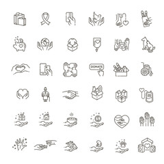 Vector thin line icons related with humanitarian causes - volunteering, adoption, donations, charit
