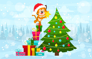 Green Christmas tree. A tiger cub dresses up a Christmas tree with toys. Christmas card with a tiger on the gifts and a decorated tree.