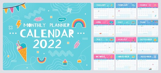 Cute monthly planner with doodles, 2022 calendar template. Kids schedule, school organizer with notes vector, month planning vector templates. Management for education and daily routine - obrazy, fototapety, plakaty