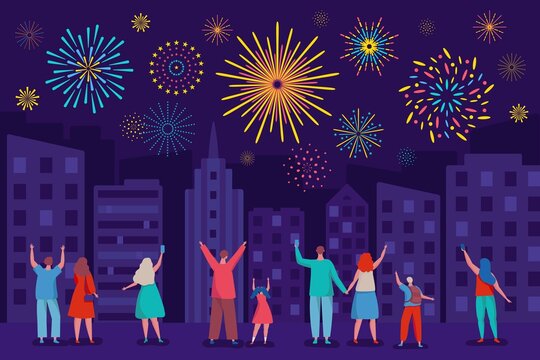 Happy people watching fireworks in night sky. City festival, holiday celebration with colorful firework explosions vector illustration. Parents with children taking photos on phone