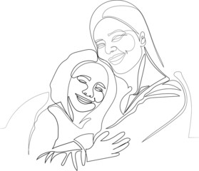 Happy mom and little girl child embrace show love and care in relations. Smiling young mother and small teen daughter rest at home hug and cuddle enjoy family weekend together. Vector illustration