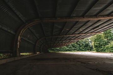 An old abandoned barracks, a derelict military site with many buildings and facilities