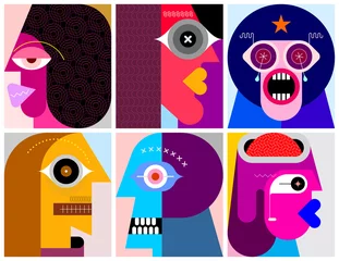 Gordijnen Zes mensen portretten moderne kunst vectorillustratie. Zes verschillende gezichten. ©  danjazzia