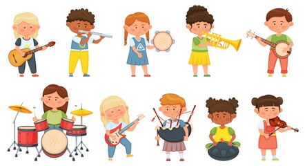Kids playing musical instruments, children orchestra music hobby. Cute boys and girls musicians playing on guitar, drums, violin vector set. Cheerful diverse characters having entertainment