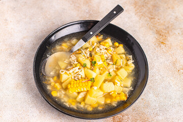 soup corn vegetable potatoe pasta, broth, chicken meat fresh portion meal snack on the table copy space food background 