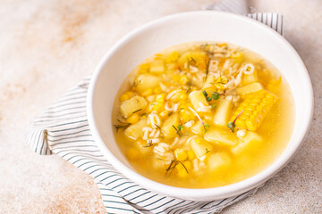 soup corn vegetable potatoe pasta, broth, chicken meat fresh portion meal snack on the table copy space food background 
