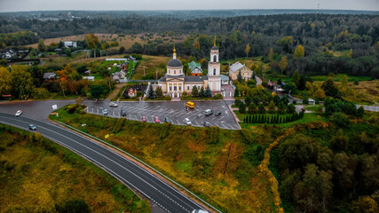 Fototapeta na wymiar Sergiev Posad, Russia - 25 September 2021: The Church of the Transfiguration of the Lord in the village of Radonezh from a bird's eye view