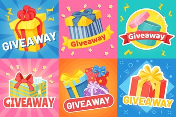 Giveaway poster with gift boxes, social media promo banner. Cartoon presents with ribbons, giveaways announcements banners vector set. Winner reward with confetti in competition or contest