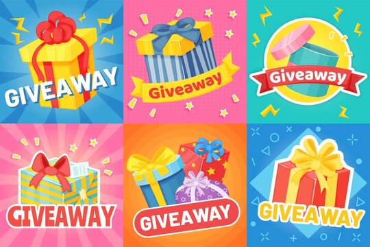 Giveaway poster with gift boxes, social media promo banner. Cartoon presents with ribbons, giveaways announcements banners vector set. Winner reward with confetti in competition or contest
