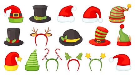 Cartoon christmas hats and headbands for xmas costumes. Santa claus hat, elf and snowman caps, reindeer antlers, winter holiday props vector set. Decorative accessories for new year party - obrazy, fototapety, plakaty