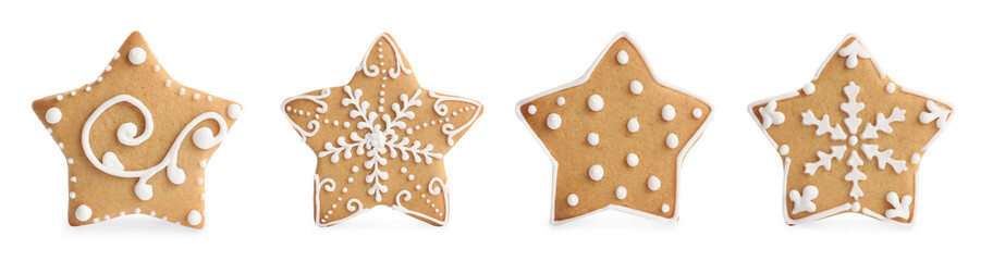 Set with tasty decorated Christmas cookies on white background. Banner design