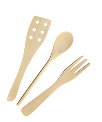 Wooden kitchen spoon, spatula and fork isolated on white background