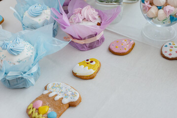 Beautiful Easter cakes on a decorated light table. A light holiday of Easter.
