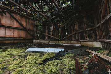 An old abandoned barracks, a derelict military site with many buildings and facilities