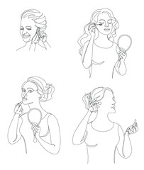 Collection. Silhouettes of a lady. The girl does mauiyage, paints lips, eyelashes, cheeks, earrings in a modern solid line style. Sketches, posters, stickers, logo. Set of vector illustrations.