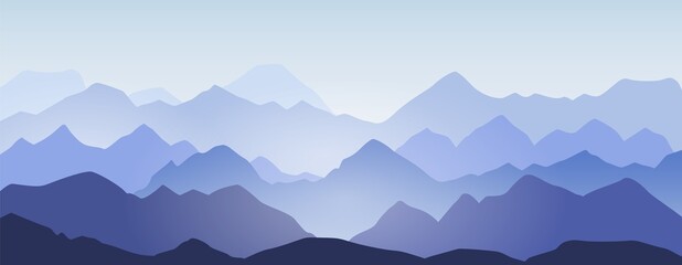 Mountain ridges and hills silhouette landscape background. Abstract morning mountains panorama, beautiful nature scene vector illustration. Peaks in mist or blue fog and cold sunlight