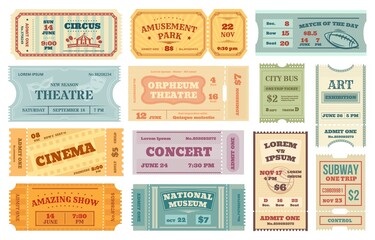 Retro tickets to cinema, vintage movie, concert or theater ticket. Old paper admission coupon, invitation card for event, travel pass vector set. Amusement park, national museum entrance