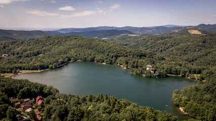 Fototapeta na wymiar Aerial view of Lake Pocuvadlo in the locality of Banska Stiavnica in Slovakia
