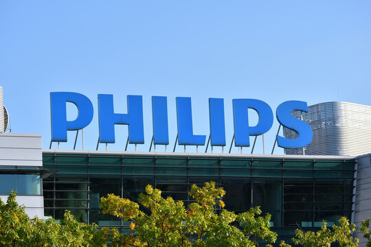 Philips logo, signage on the facade of Philips Polska building. WARSAW, POLAND - SEPTEMBER 26, 2021
