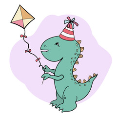 Cute artoon Dinosaur, Baby Dino in a Festive Hat and with a Kite, Vector illustration Cartoon style