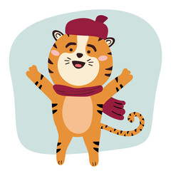 Chinese Tiger jumping. Animal Wild predator in a scarf and a hat. Vector illustration flat Cartoon style