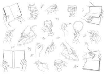 Collection. Silhouettes of a human hand that holds a book, iron, glass, lipstick, mirror, needle in a modern style in a solid line. Sketches, posters, stickers, logo. Set of vector illustrations.
