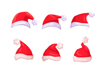 Vector set of red Santa Claus hats for Christmas or New Year.