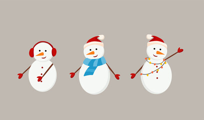 A set of funny snowmen in cartoon style. Vector illustration.