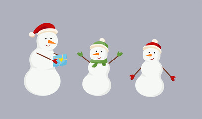 A set of funny snowmen with a scarf, a hat and a cartoon-style gift. Vector illustration.