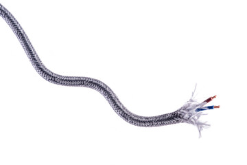 Fabric braided electrical cable cord isolated on white background