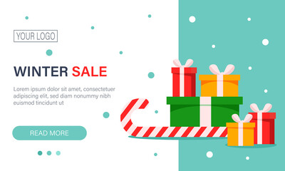 Winter sale. Banner design for website, flyer. Colored gift boxes, snow and text. Vector illustration in flat style