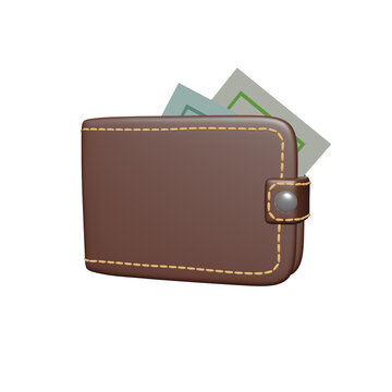 Brown wallet with paper money. Online payments concept. Isolated image. 3D rendering