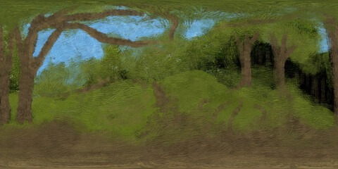 360 panoramic background with cartoon painted forest or garden landscape