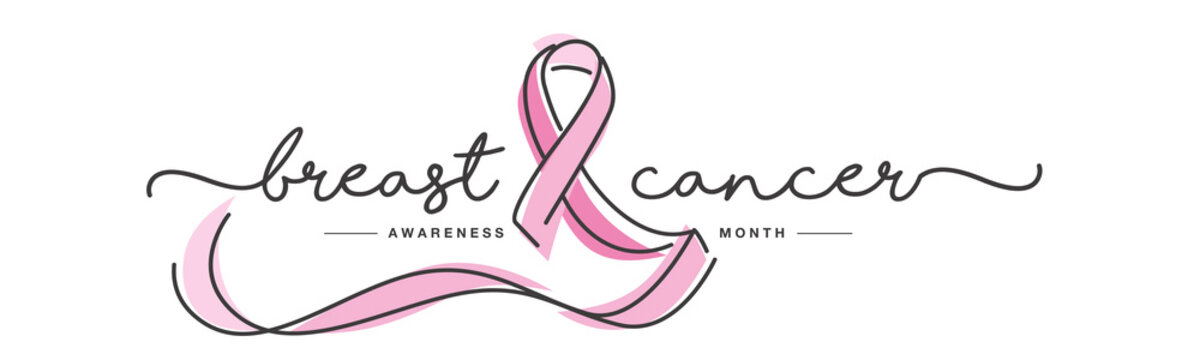 Breast cancer handwritten typography awareness month creative pink ribbon symbol line design vector illustration banner