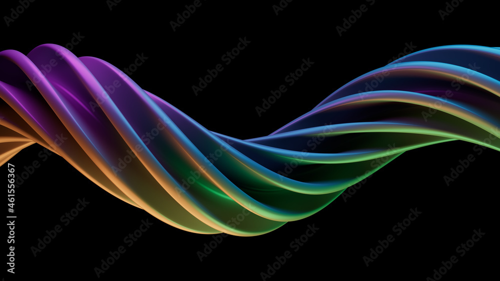 Poster modern background with twisted multicolored shape. 3d render of extruded deformed in helix. multicol