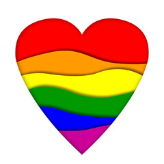 Ilustración de corazón con los colores del arco iris con efecto de papel cortado, sobre fondo blanco. Colores de bandera lgtbiq.