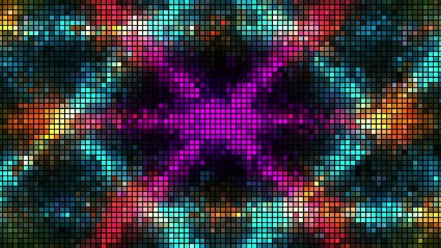Hypnotic pattern of vibrating pixels. Motion. Pixels move to represent triangular pattern. Pixel pattern with vibrating radiations