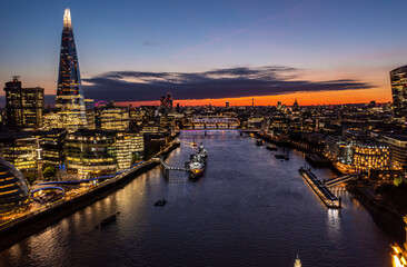 Aerial view of financial the shard tower at Sunset in London