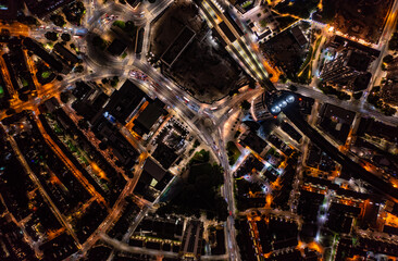 Birds eye view of buildings at Night in London