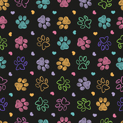 Colorful doodle paw print seamless fabric design black background pattern - 461557797