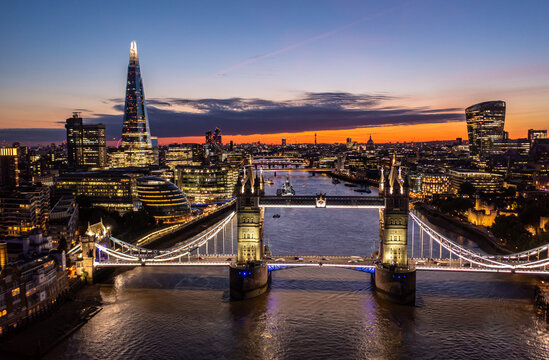 Aerial View of Tower Bridge with view over Thames River