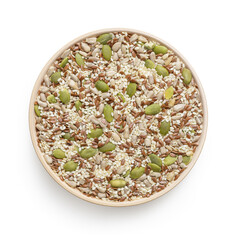 Isolated wooden dish with a mixture of seeds on a white background
