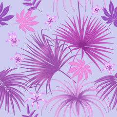 Fototapeta na wymiar Seamless pattern of pink tropical leaves of palm tree and flowers. Botany vector background