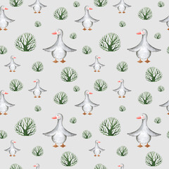 watercolor seamless pattern brown rocking horse on a field with yellow haystacks and green trees © Elena