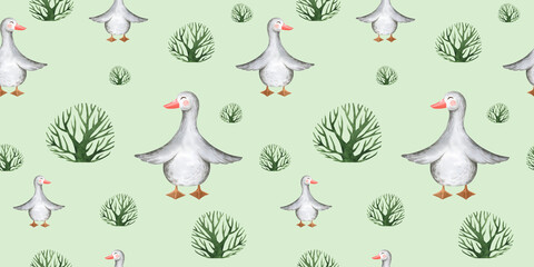 watercolor seamless pattern brown rocking horse on a field with yellow haystacks and green trees © Elena