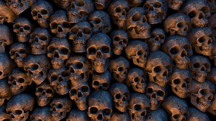 Catacombs - Apocalyptic scenery with human skulls. 3D rendering - obrazy, fototapety, plakaty