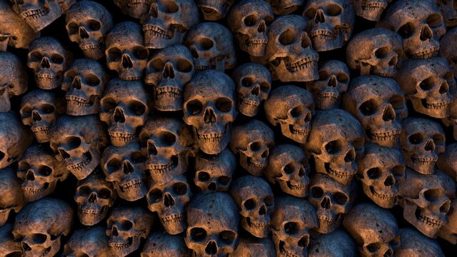 Catacombs - Apocalyptic scenery with human skulls. 3D rendering
