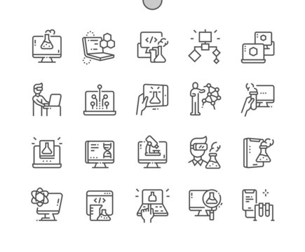Computer science. Microscope, algorithms and virtual reality. Innovation, engineering and technology. Online chemistry. Pixel Perfect Vector Thin Line Icons. Simple Minimal Pictogram